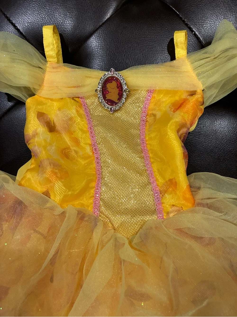 Disney Belle Yellow Princess Tulle Dress with Pink Rose Accents